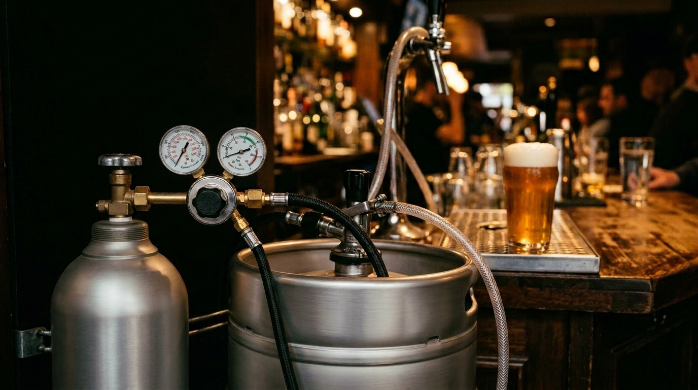 Cilindro de CO₂ alimenticio conectado a sistema de cerveza de barril