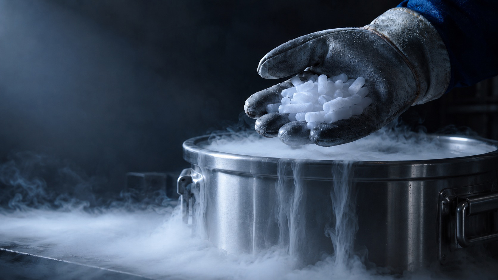 Hielo seco en pellets manejado con guante criogénico